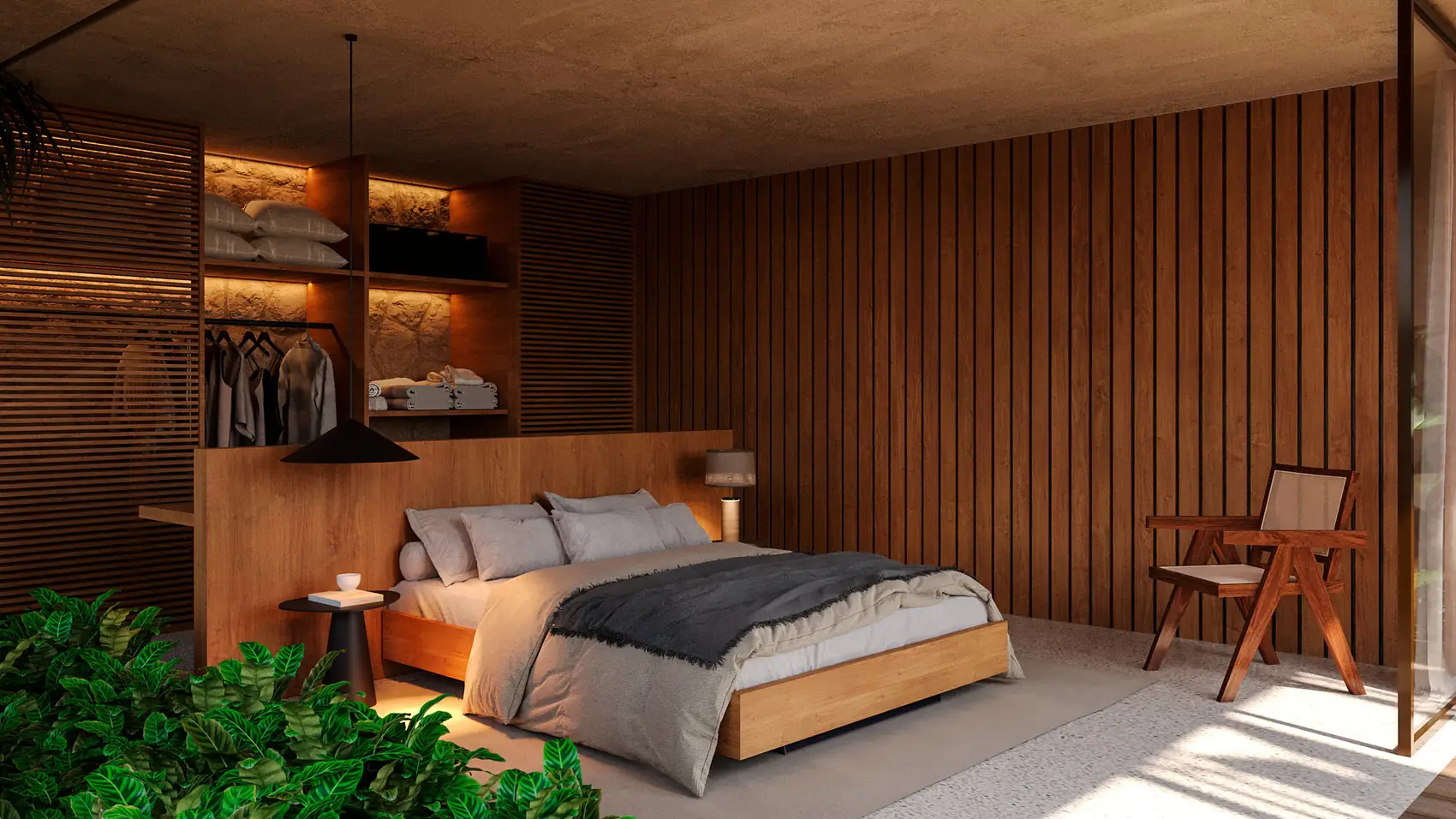 Suíte com parede de madeira ripada, closet aberto e vegetação junto à cama