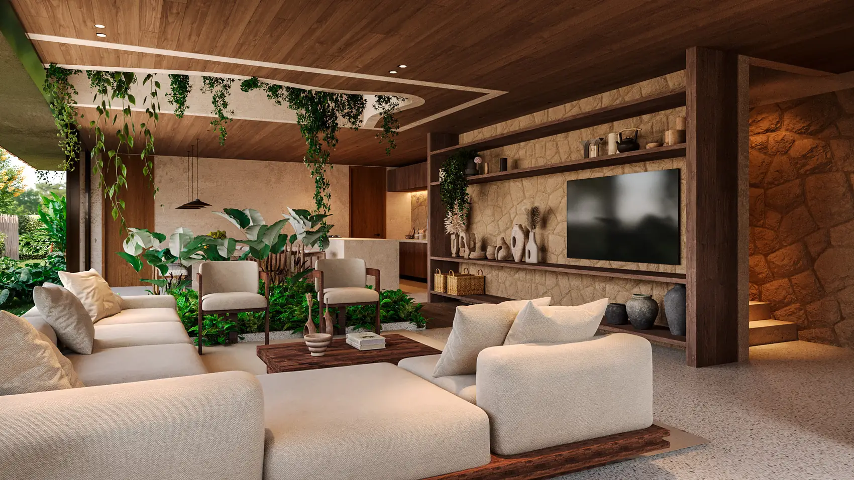Living com parede de pedra e madeira, sofás claros e um jardim interno