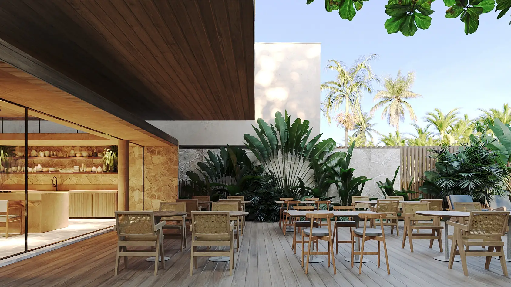 Espaço gourmet ao ar livre, com mesas de madeira e cadeiras de palhinha entre a vegetação