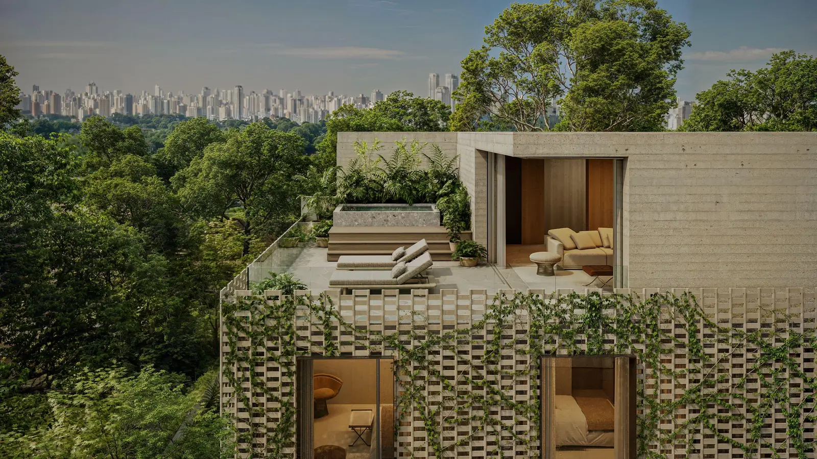 Cobertura com pergolado, vegetação e vista para os prédios do bairro