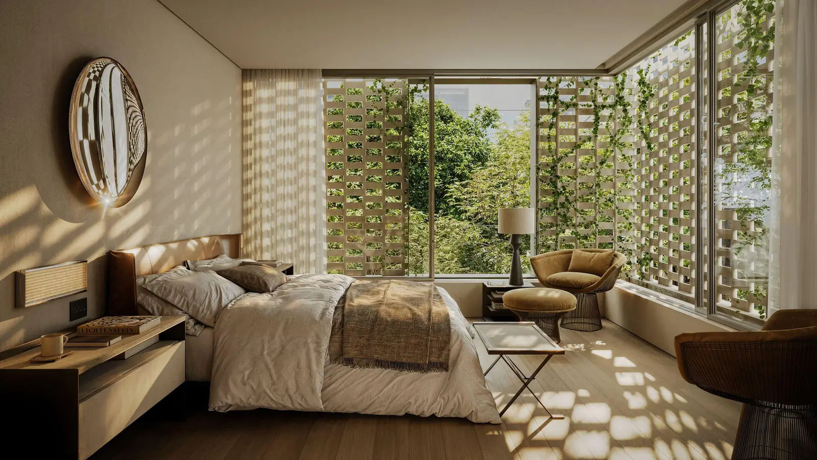 Suíte com cama de casal e grandes aberturas para a vegetação