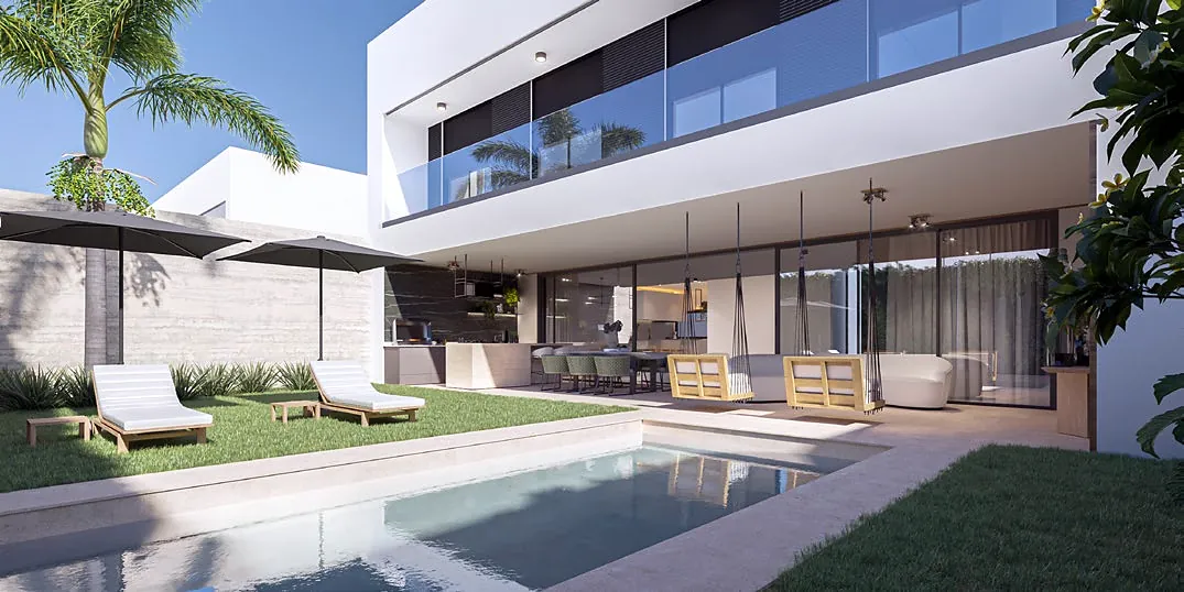 Gourmet area opening onto the pool and the lawn, with sun loungers