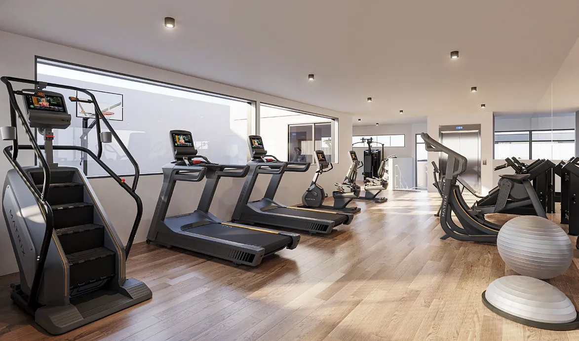 Gym with treadmills, a stair climber and weight training equipment