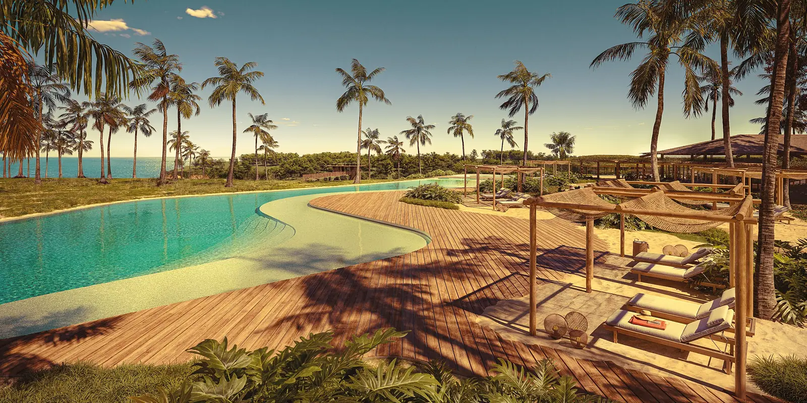 Deck de madeira com espreguiçadeiras e ombrelones de palha junto à piscina