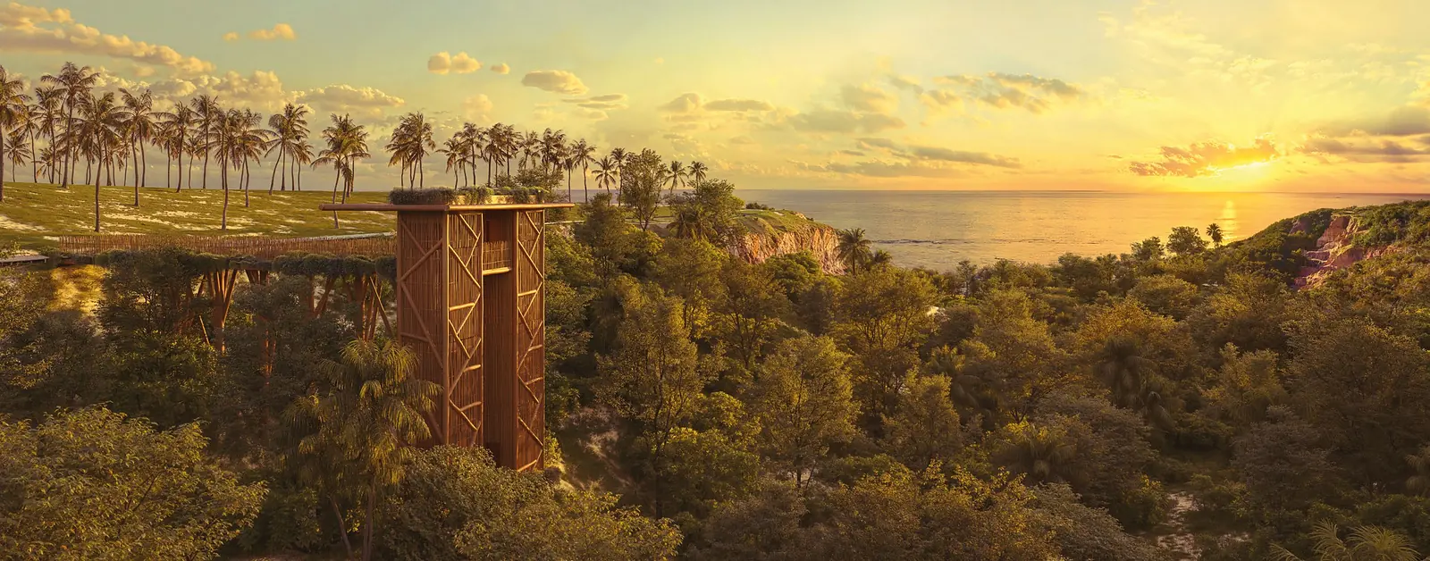 Torre de elevador revestida de madeira no meio da mata, no alto da falésia, com o mar ao fundo
