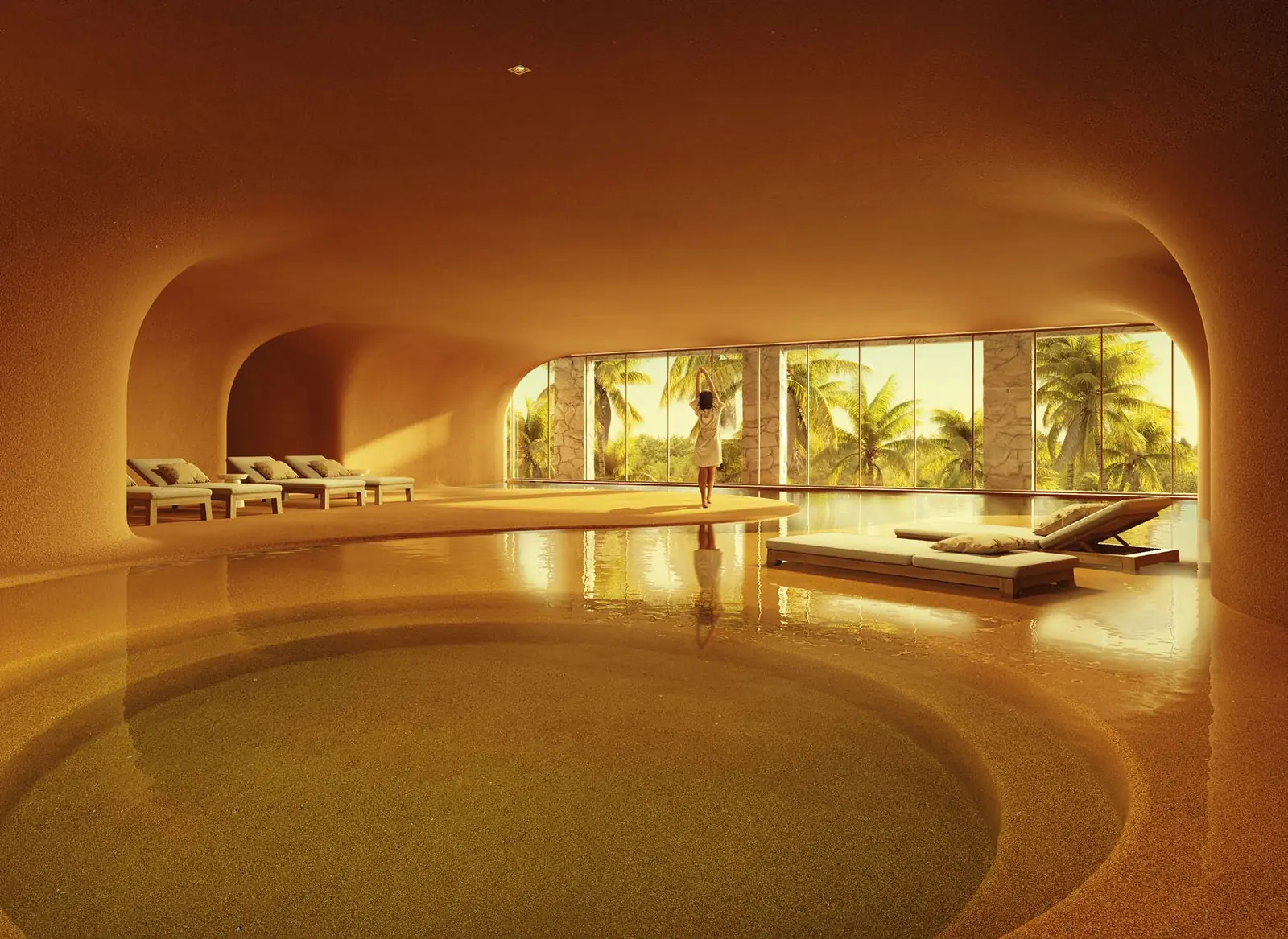 Spa com piscina interna circular, espreguiçadeiras e janelas amplas para os coqueiros
