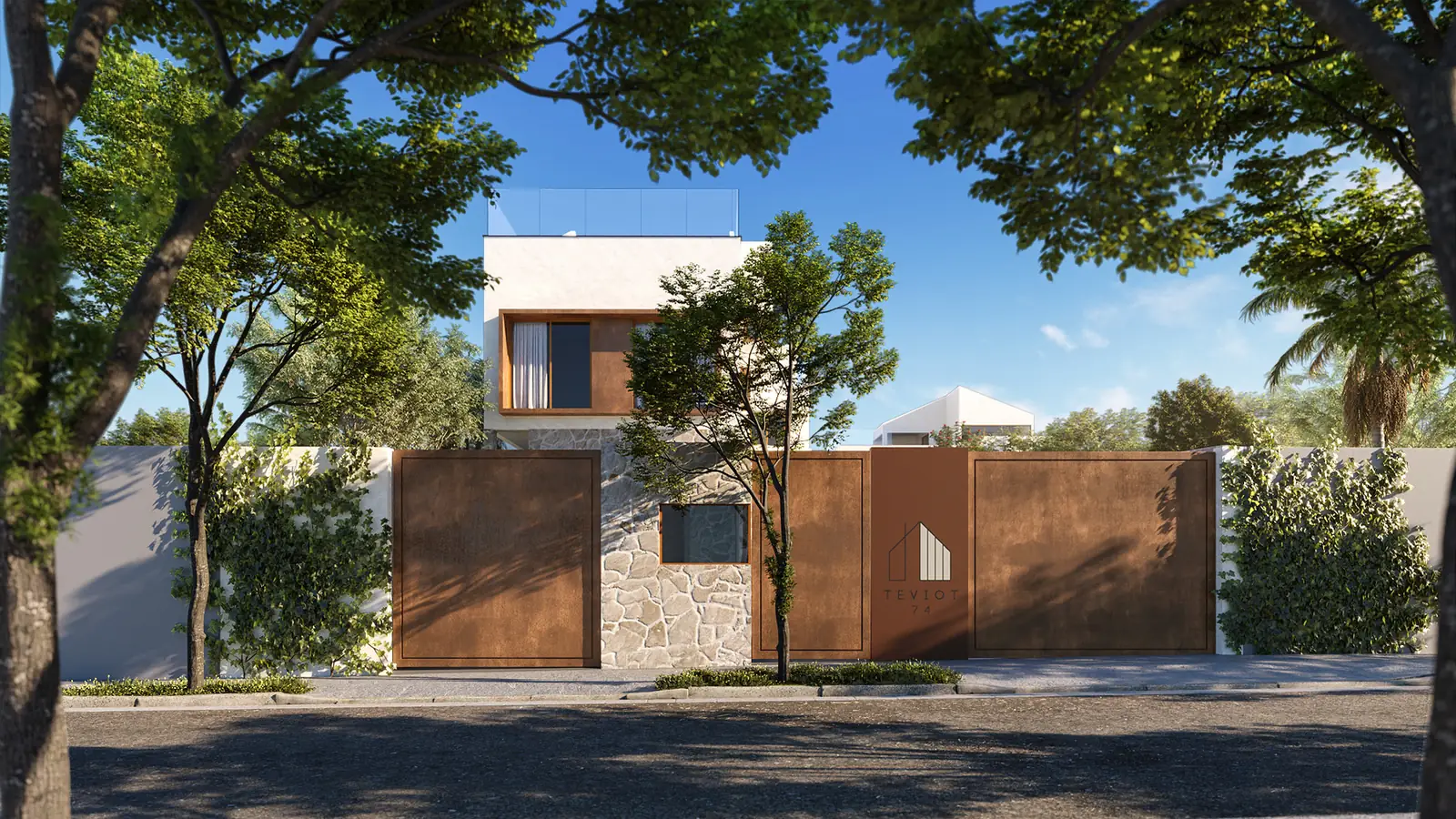 Perspectiva da fachada das quatro casas, com muro de madeira e vegetação
