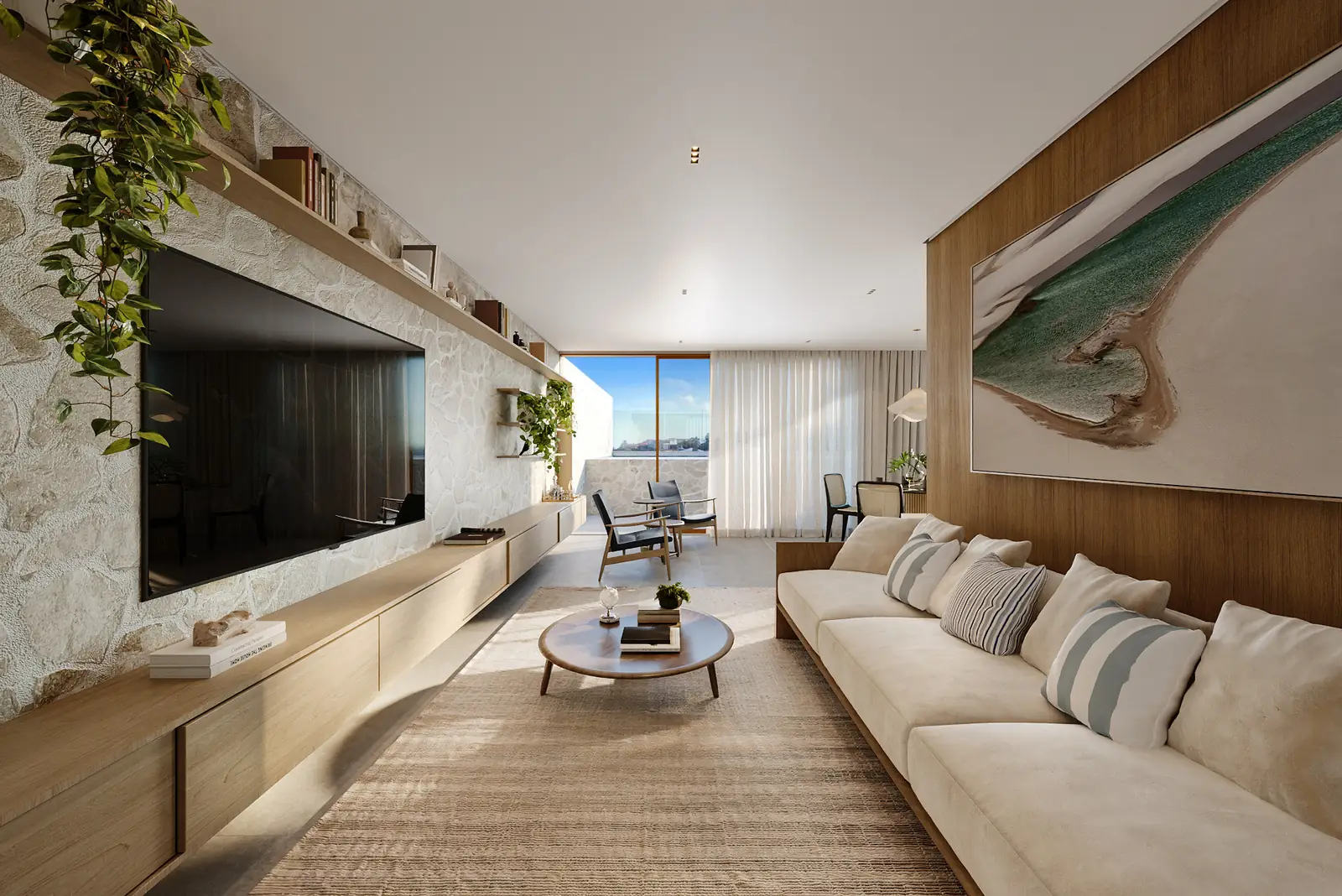 Sala íntima com painel de TV em pedra e madeira