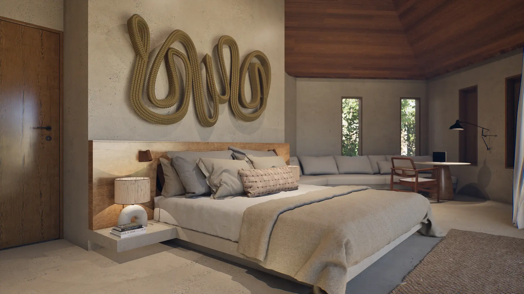 Suíte com cama ampla e um painel escultórico na parede da cabeceira